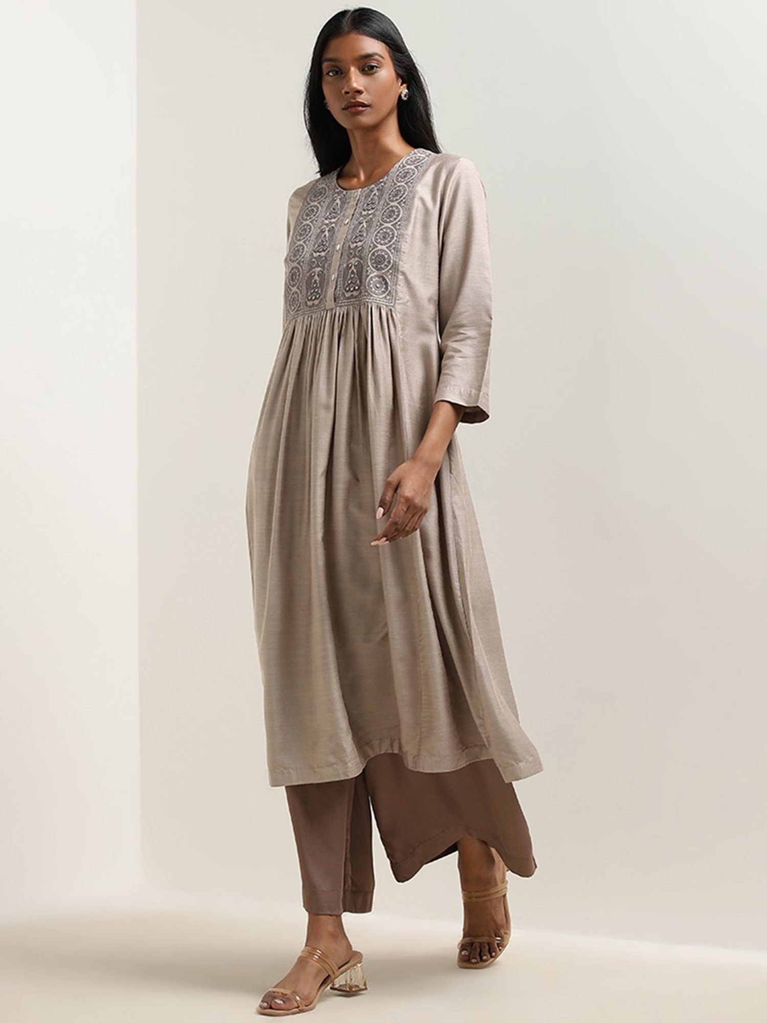 Zuba by Westside Taupe Mirror-Work Embroidered A-Line Kurta