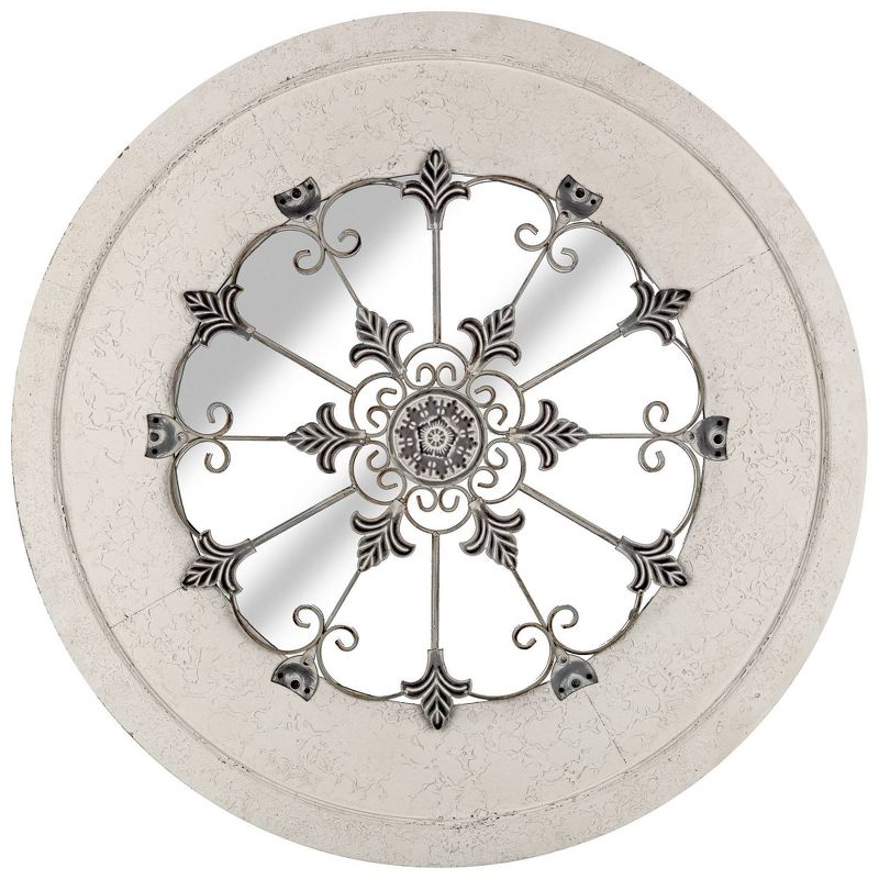 32" Rustic Round Cut Out Wall Mirror Metal/Off White/Washed Wood - Patton Wall Decor