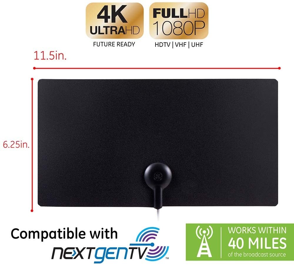 GE Ultra Edge Indoor TV Antenna, Slim Home Decor Reversible Black White, 4K 1080P VHF UHF, Long Range Antenna, Digital, HDTV Antenna, Smart TV Compatible, 6Ft Coaxial Cable, 11264