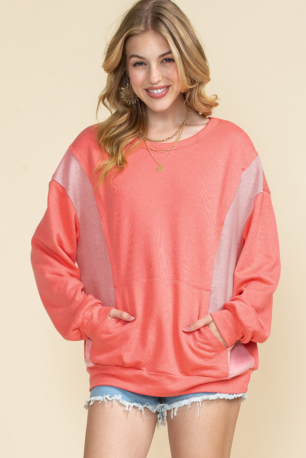 Red Colorblock Exposed Seam Patchwork Sweatshirt