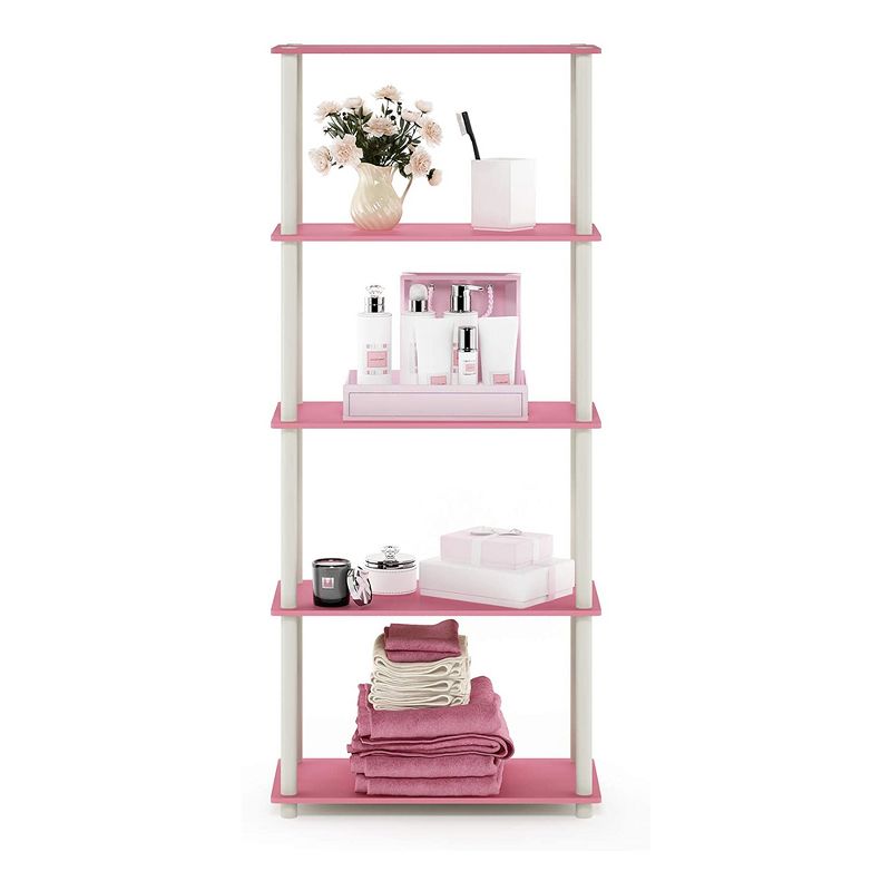 Furinno Turn-N-Tube 5 Tier Wooden Multipurpose Display Rack Shelf Closet Organizer for Home Living Rooms and Bedrooms, Pink/White