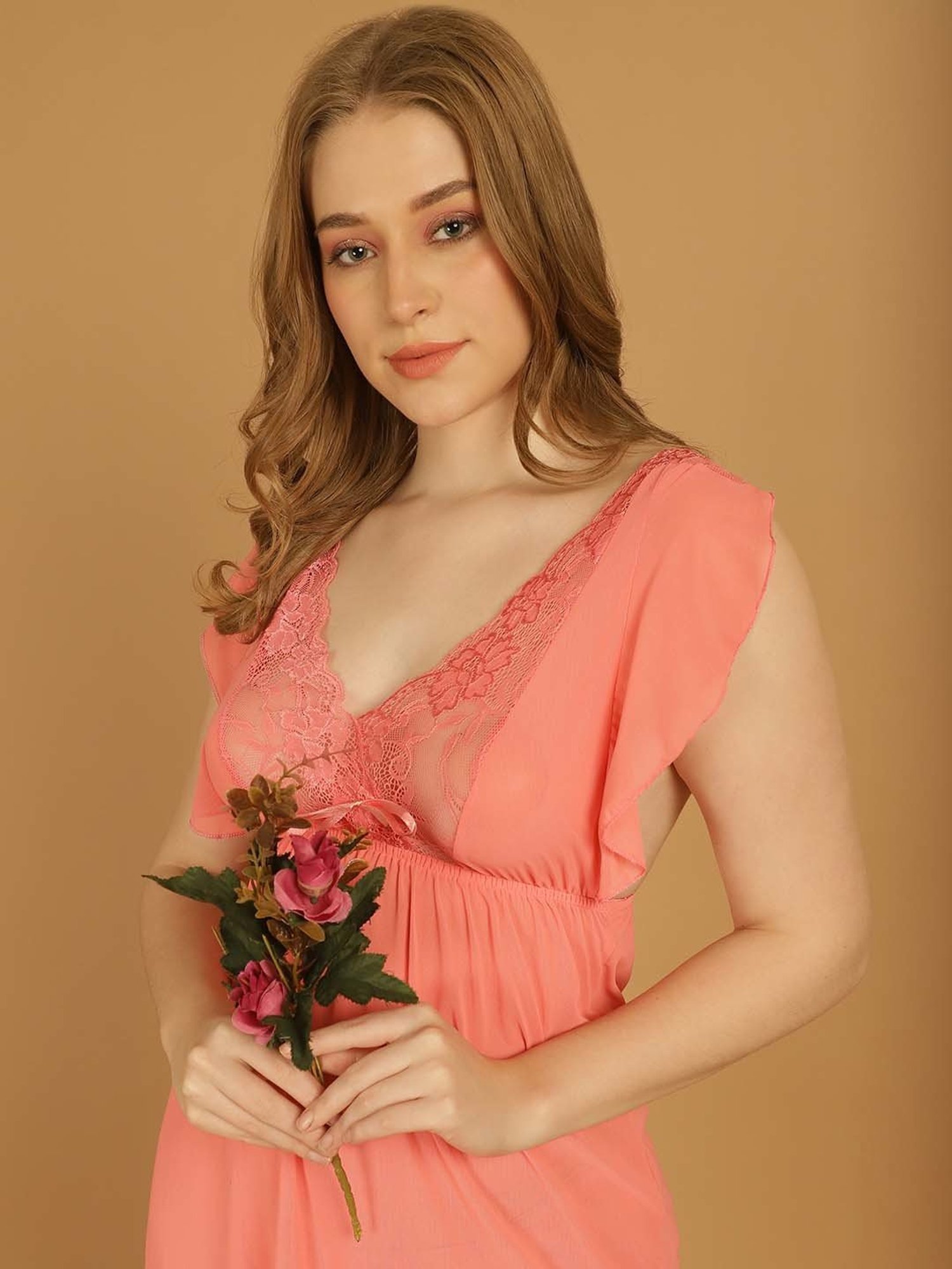 Stylee LIFESTYLE Pink Lace Work Babydoll With Brief