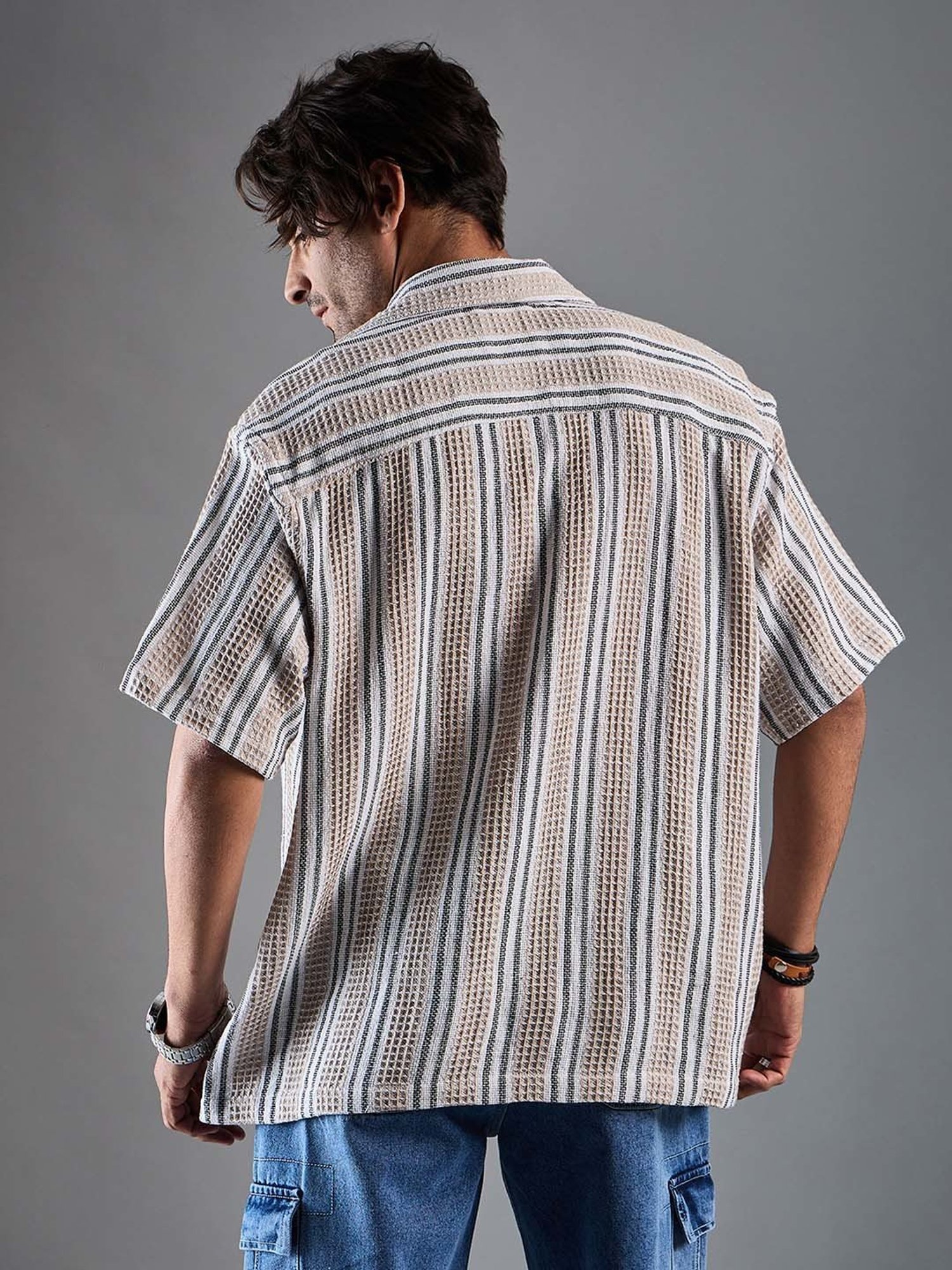 CHIMPAAANZEE Beige & White Loose Fit Striped Oversized Shirt