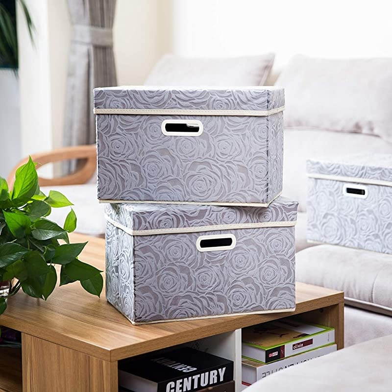 Collapsible Storage Boxes with Lids Fabric Decorative Storage Bins Cubes Organizer Containers Baskets with Cover Handles Divider for Bedroom Closet Living Room 14.9x9.8x9.8 Inch 3 Pack