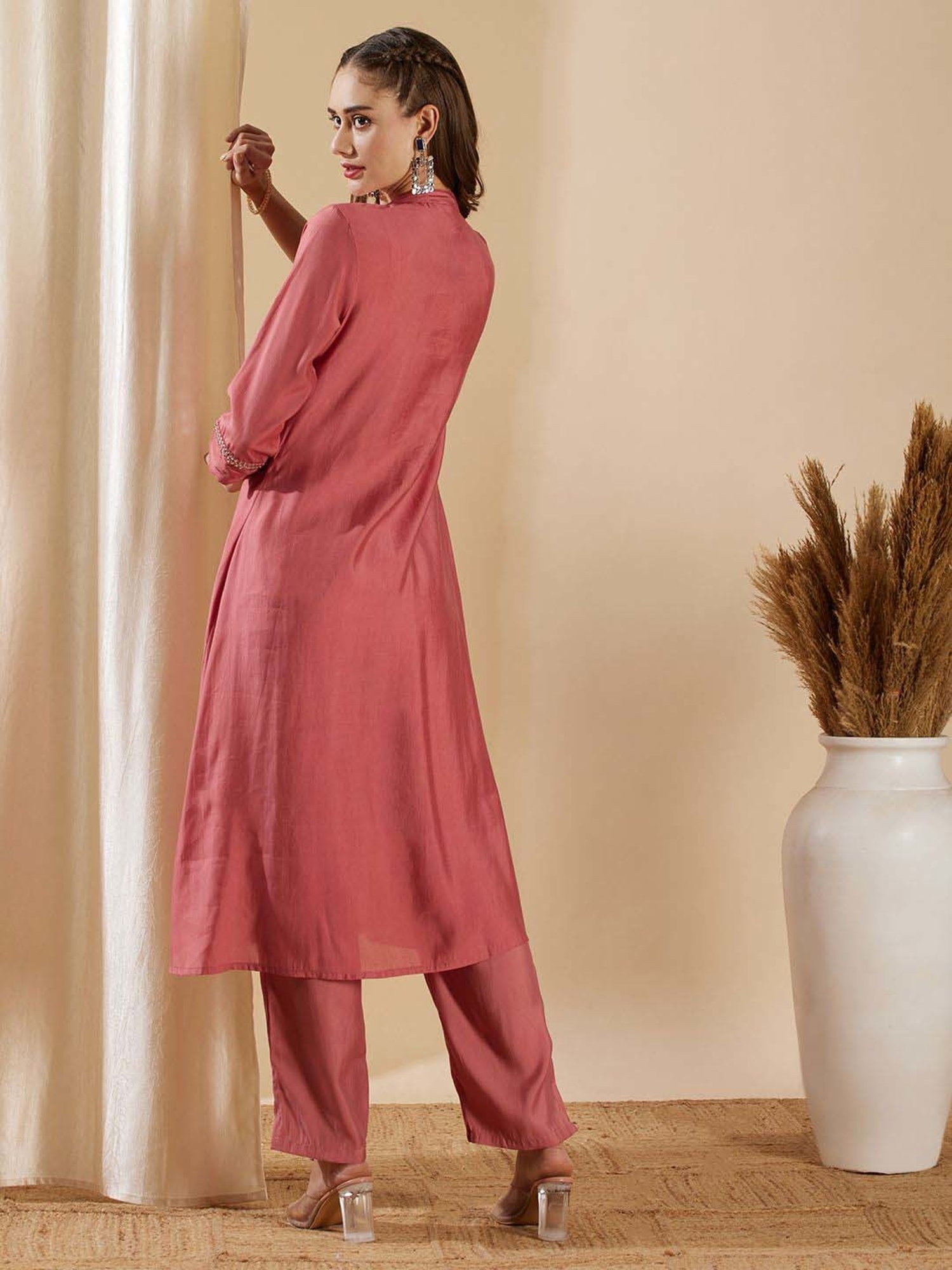 Fashor Pink Embroidered Kurta & Pant Set