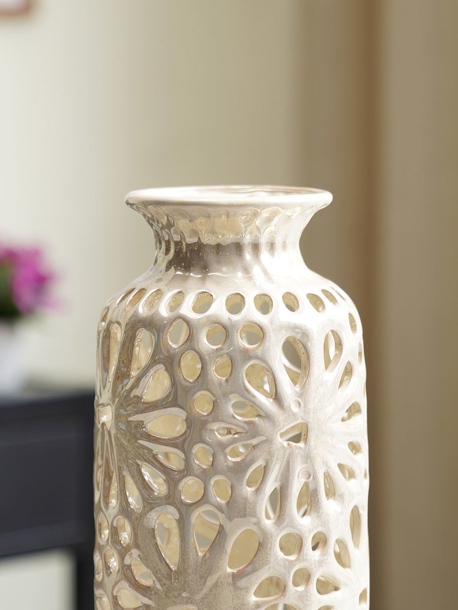 Pure Home and Living Ivory Ceramic Cut Out Pattern Vase