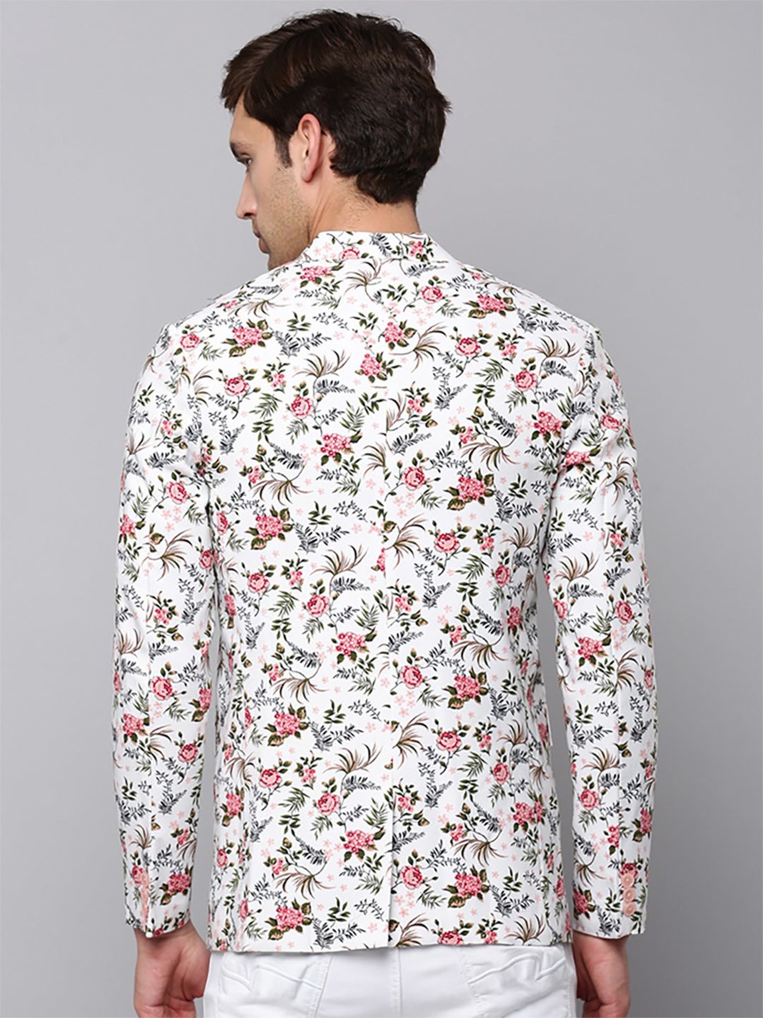 SHOWOFF White Cotton Slim Fit Floral Print Blazer