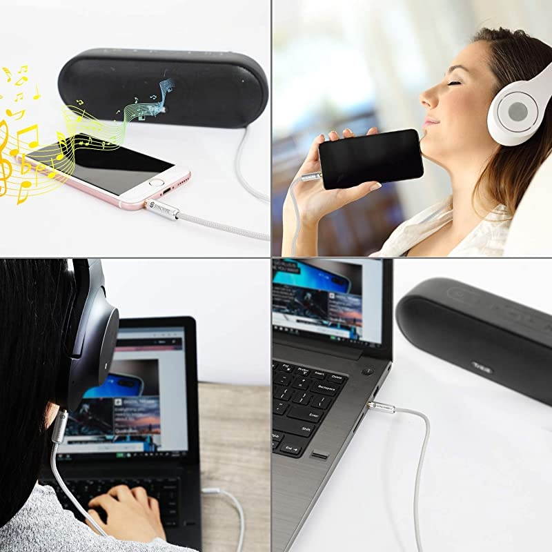 Long Aux Cable 6.5Ft- Auxiliary Audio Cable for Headphones, Car, Home Stereos, iPhone/Ipad iPod/Echo Dot, Galaxy S8/ Galaxy Note 8/ Smartphones & More - Silver