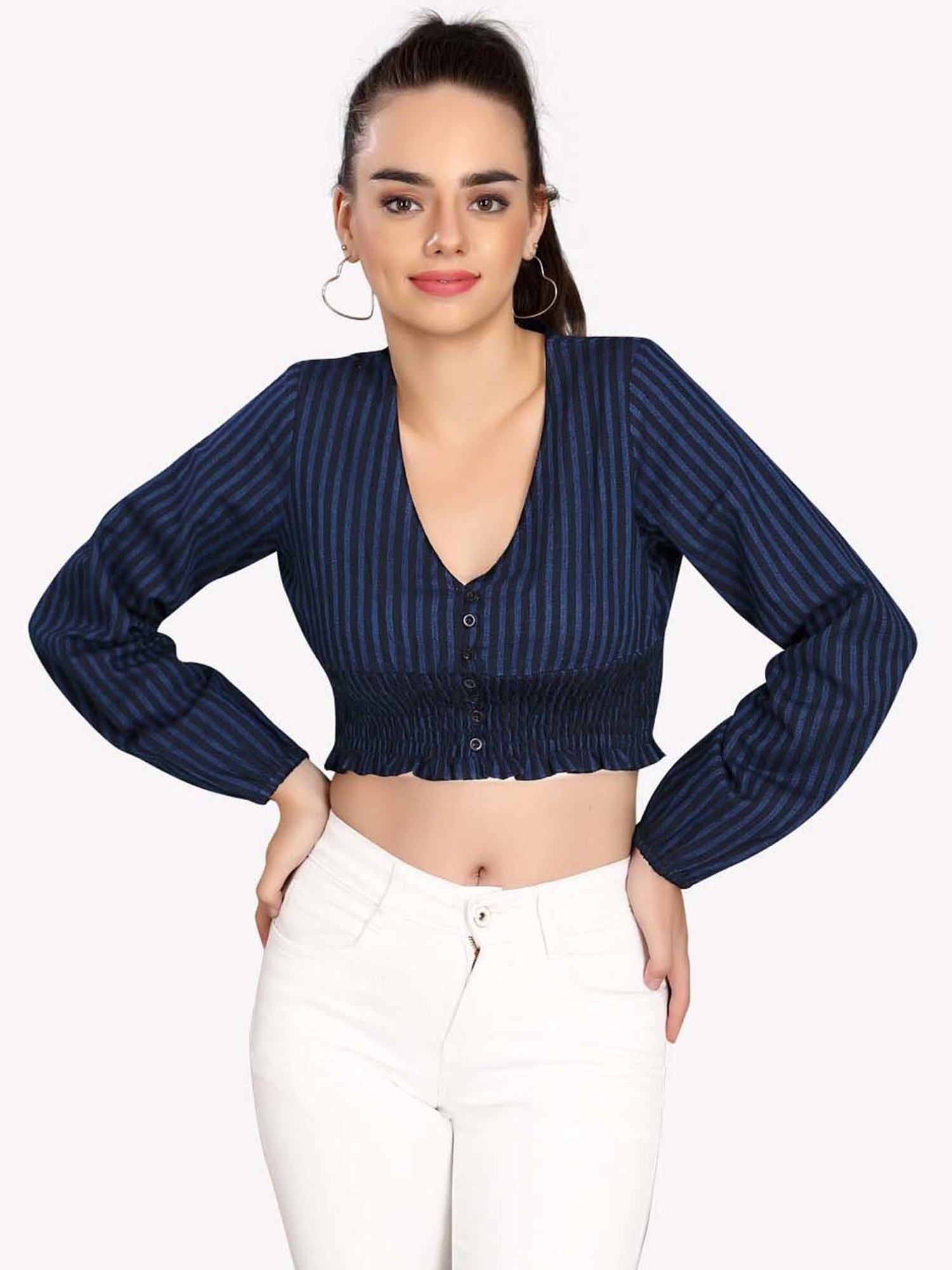 VASTRADO Blue & Black Cotton Striped Crop Top