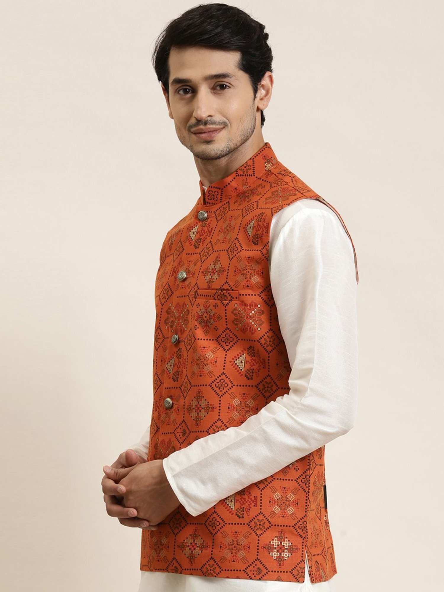 Sojanya Orange Cotton Linen Regular Fit Self Pattern Nehru Jacket
