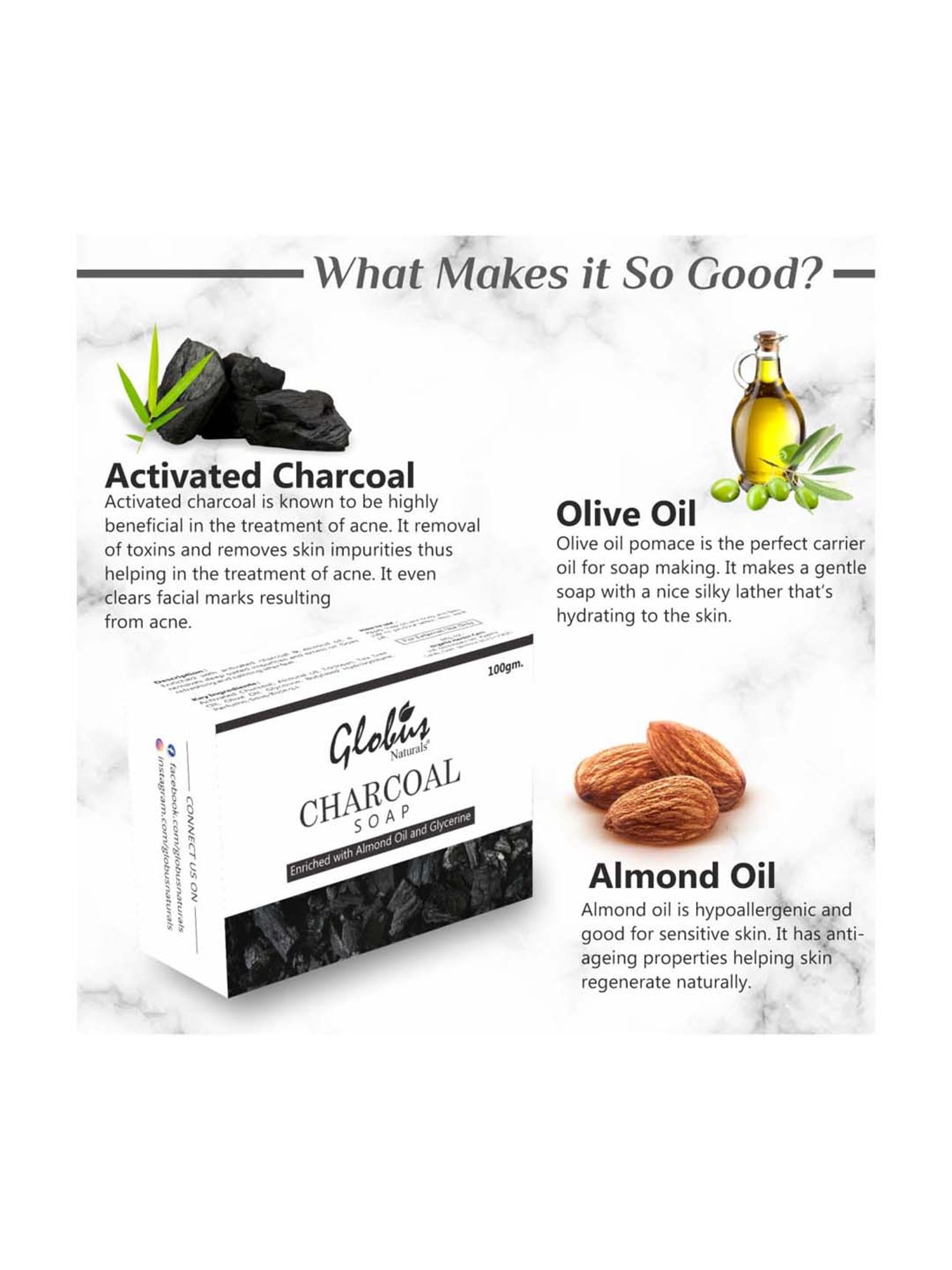 Globus Naturals Charcoal Soap Enriched with Almond Oil & Glycerine - 100 gm (Pack of 3)