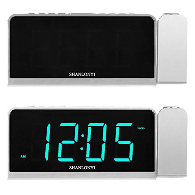Projection Alarm Clock with AM/FM Radio, 180Projector, 7" LED Digital Ceiling Display, Easy to Use, Clear Cyan Digit, 3 Dimmer, Digital Alarm Clock with USB Phone Charger, Battery Backup for Bedroom