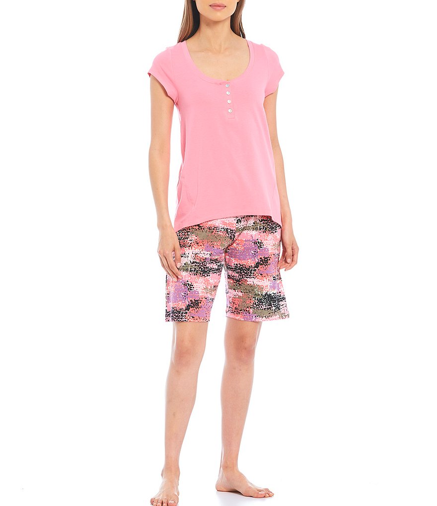 HUEtique Solid Jersey Knit Short Sleeve Henley Sleep Tee