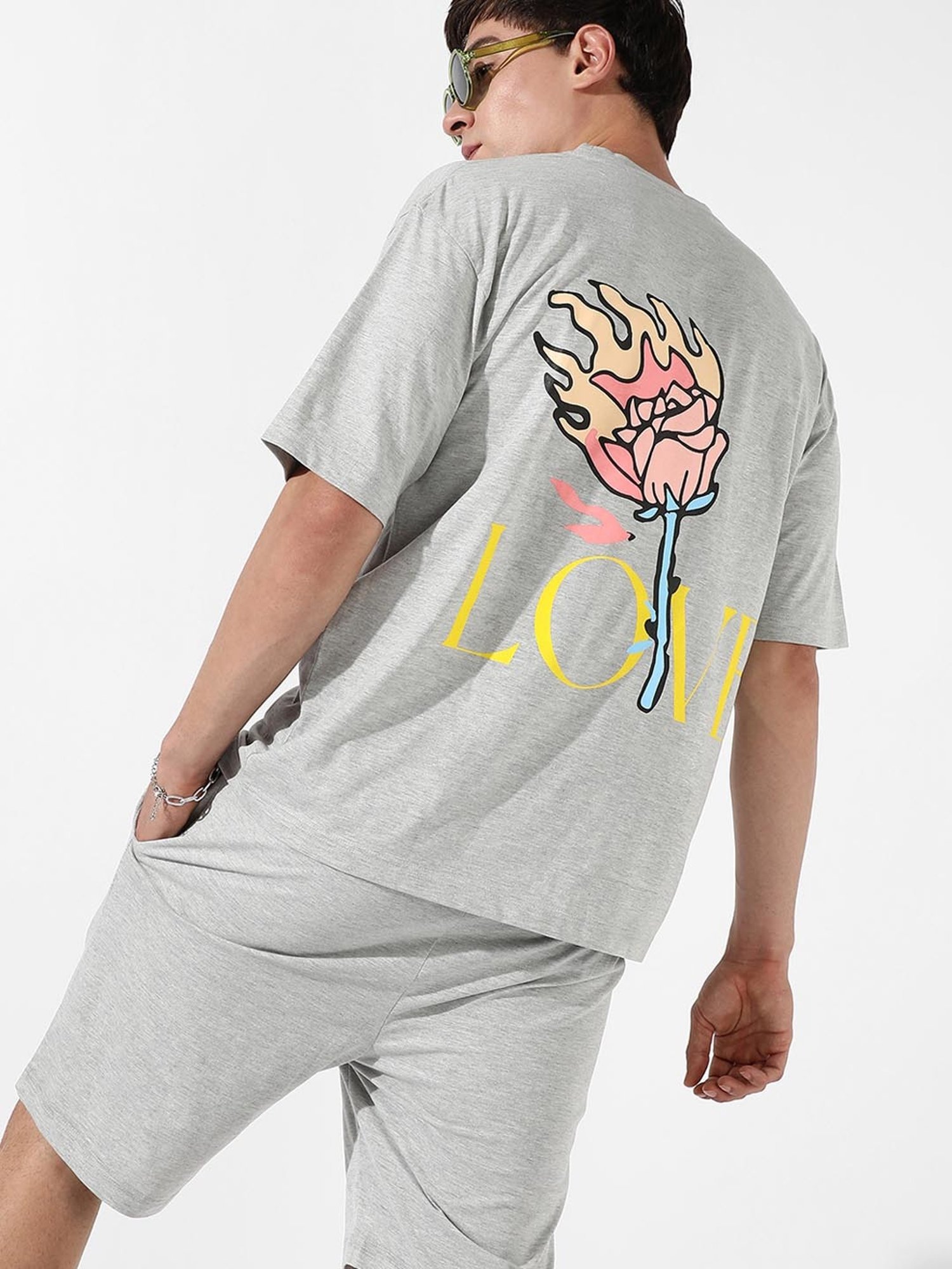 Campus Sutra Grey Regular Fit Burning Rose Printed Co-Ord Set