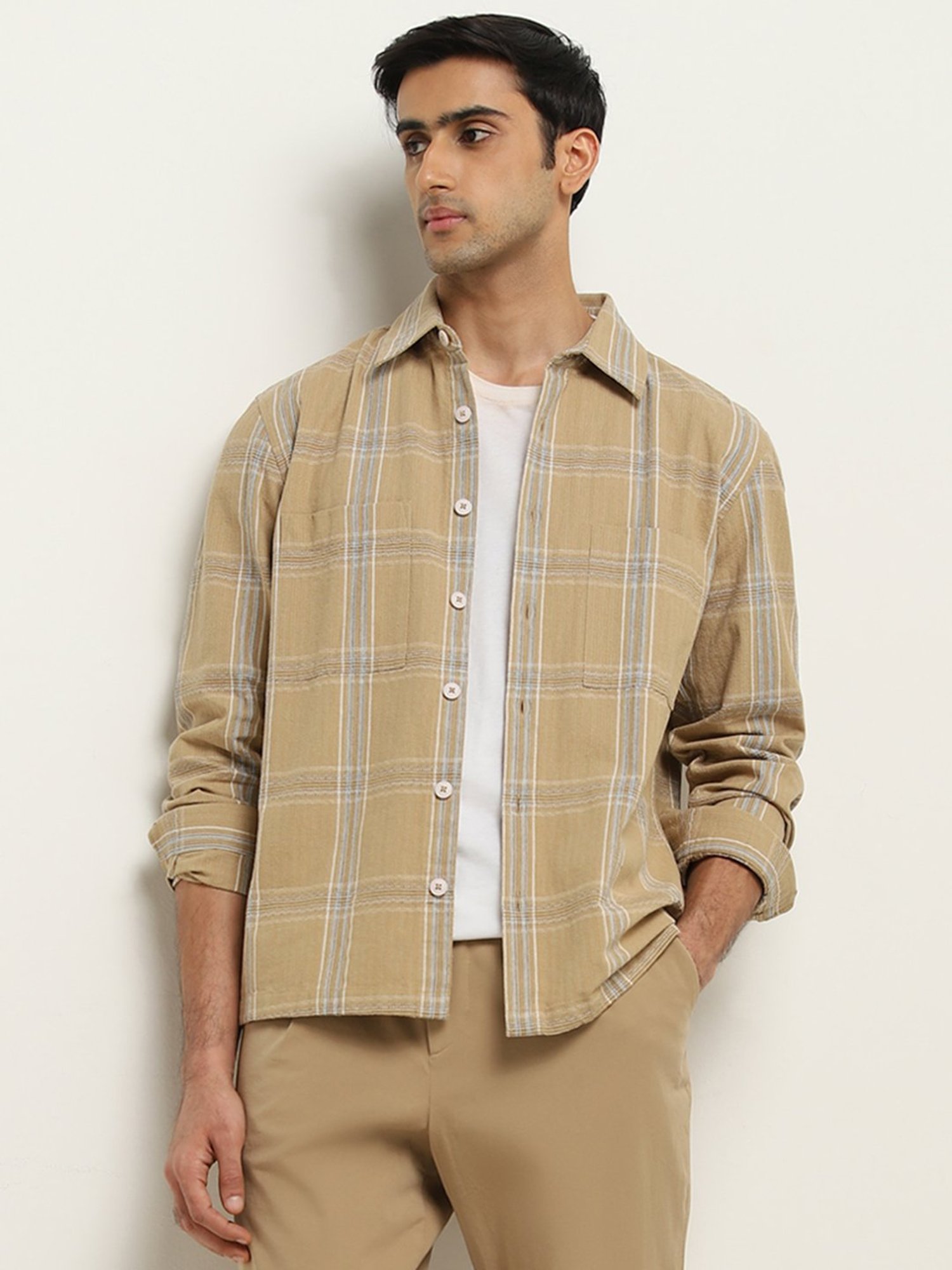 Ascot by Westside Beige Checks Design Relaxed-Fit Cotton Shirt