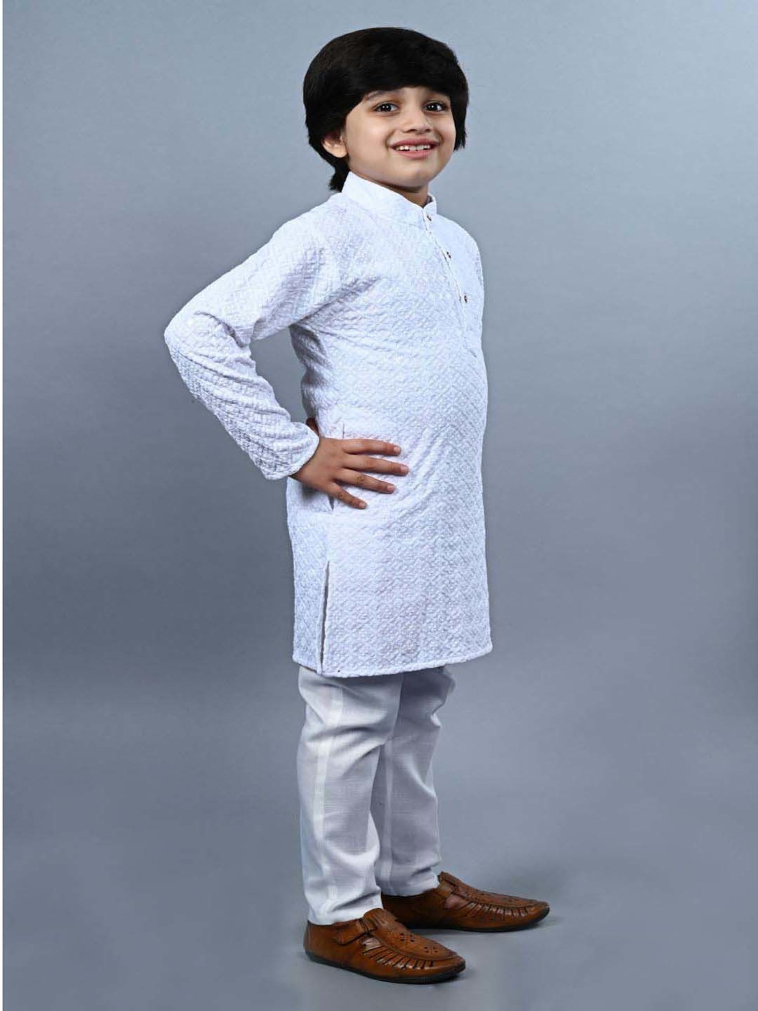 Ahhaaaa Kids Blue & White Cotton Embroidered Full Sleeves Kurta Set