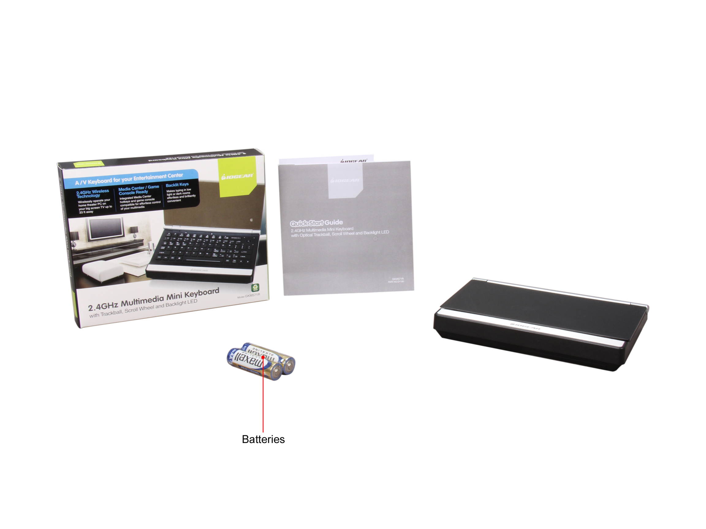 IOGEAR GKM571R Black RF Wireless Keyboard with Trackball, Scroll Wheel and Backlight LED