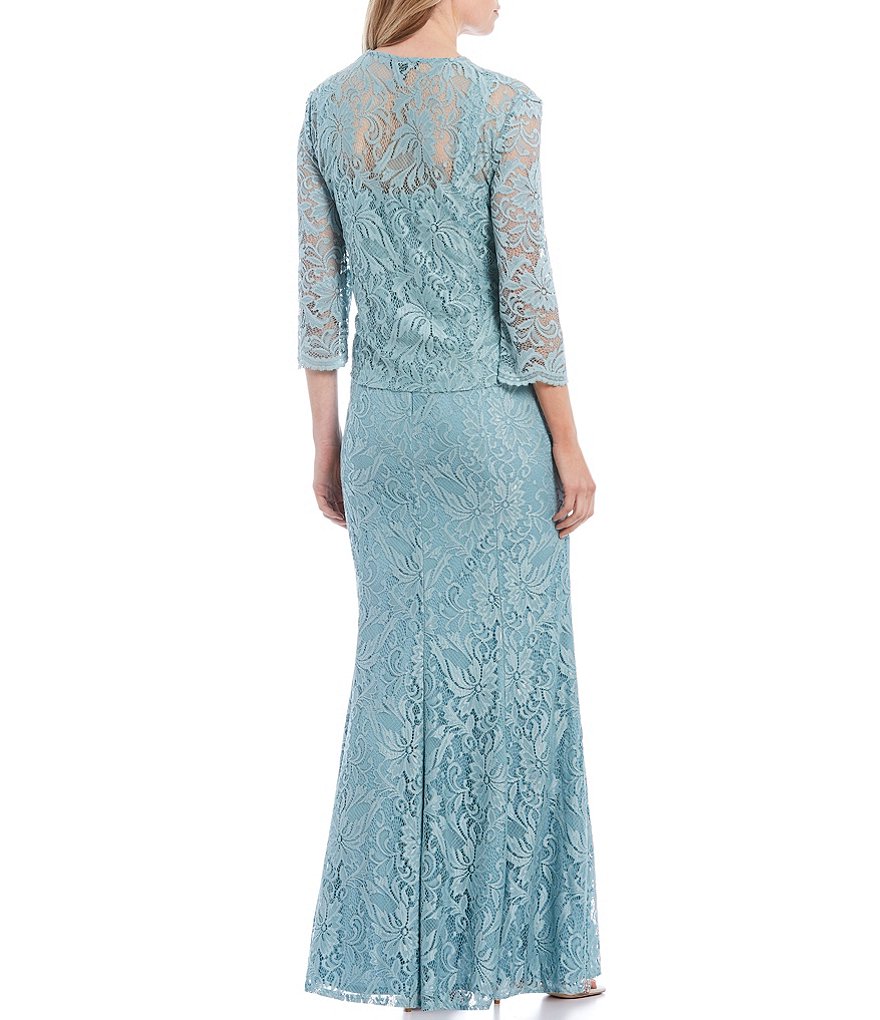 Le Bos Embroidered Stretch Lace 3/4 Sleeve Square Neck 2-Piece Jacket Dress