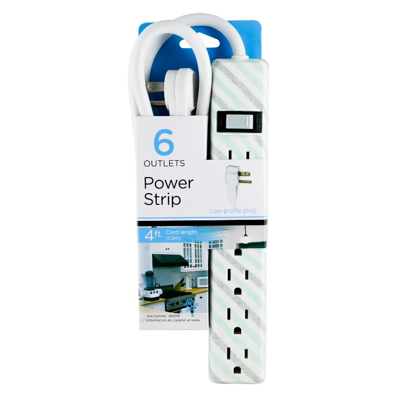 GE General Purpose 6-Outlet Power Strip with 4ft Extension Cord, Striped Design, White, Gray and Mint