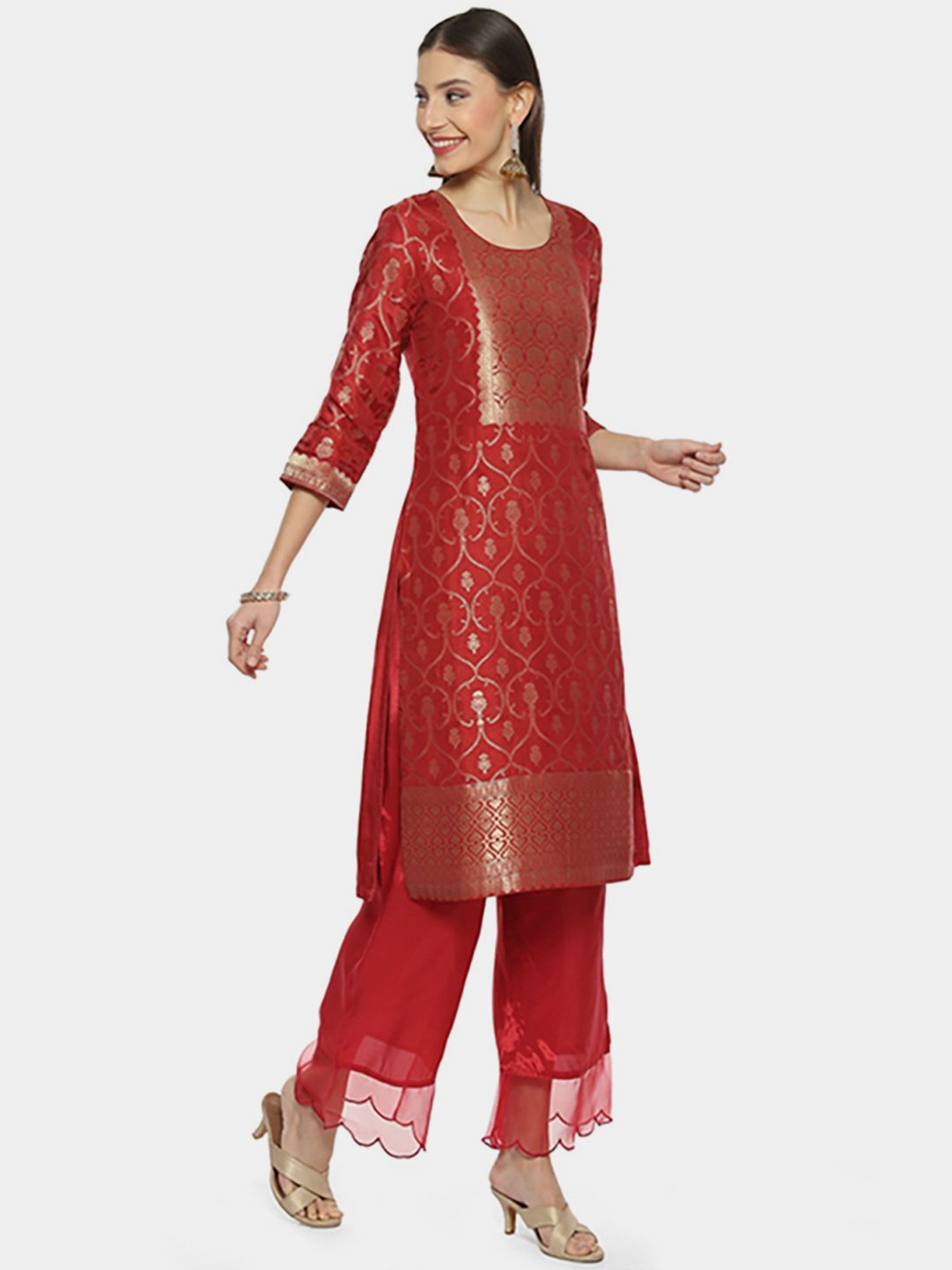 Biba Red Woven Pattern Kurta Palazzo Set With Dupatta