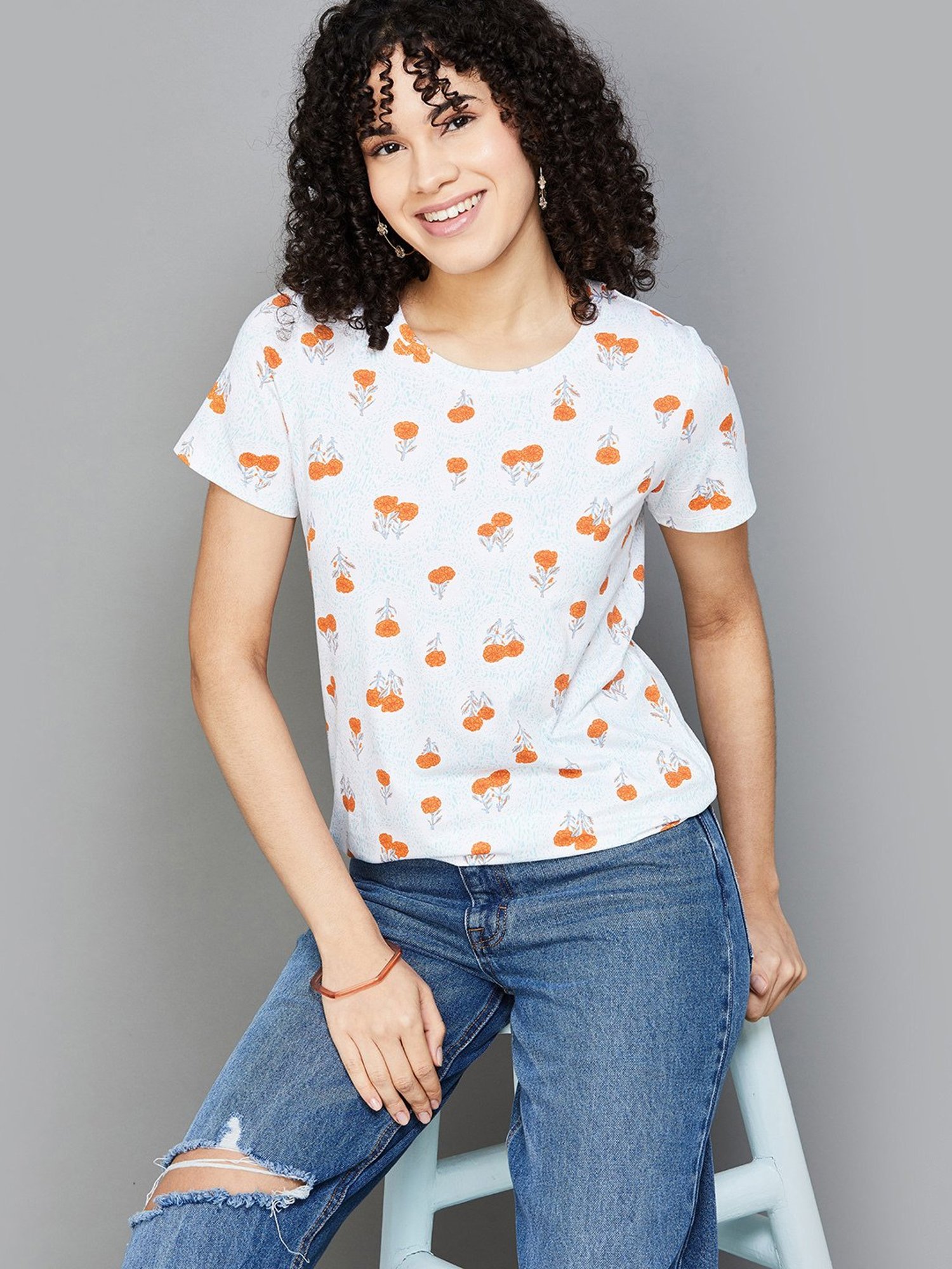Colour Me by Melange White & Orange Floral Print T-Shirt