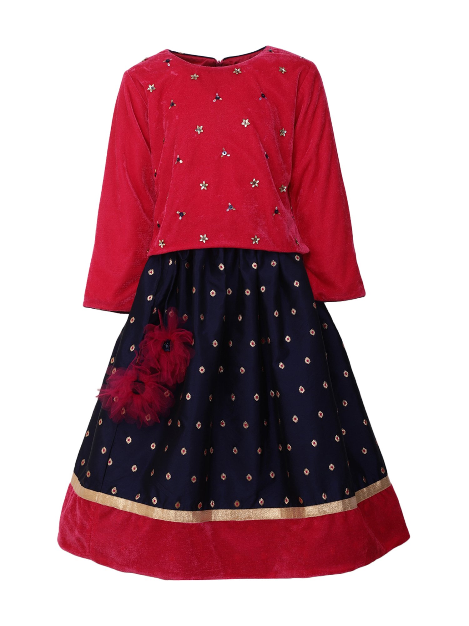 A Little Fable Kids Red & Navy Embellished Lehenga Choli & Dupatta
