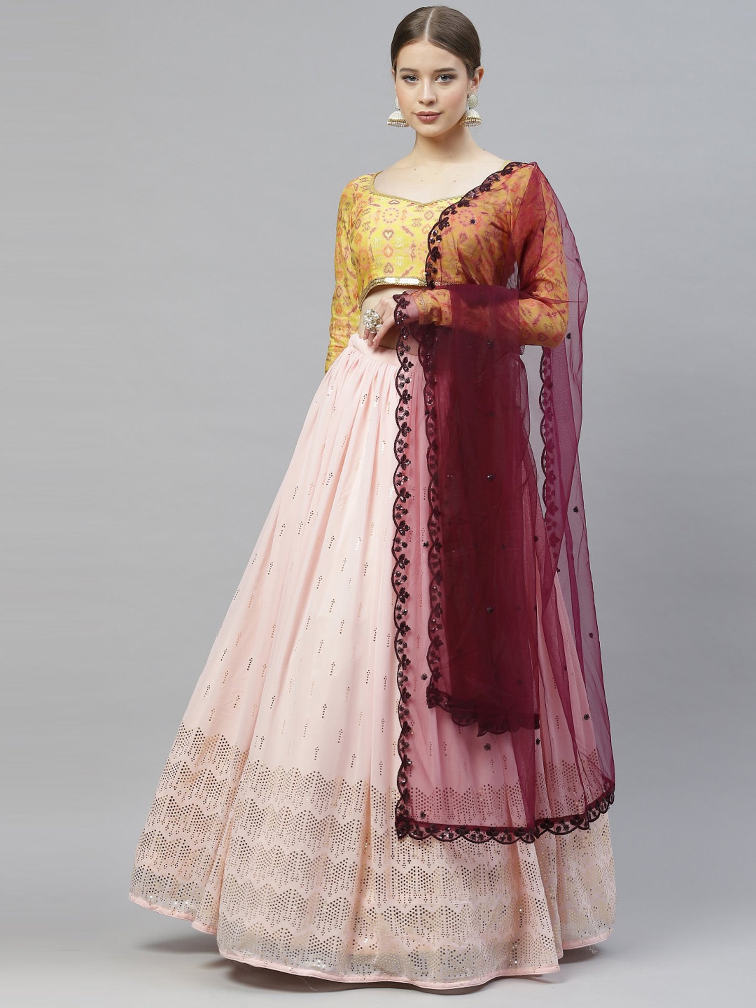 SHUBHKALA Pink Embellished Lehenga and Choli Set With Dupatta