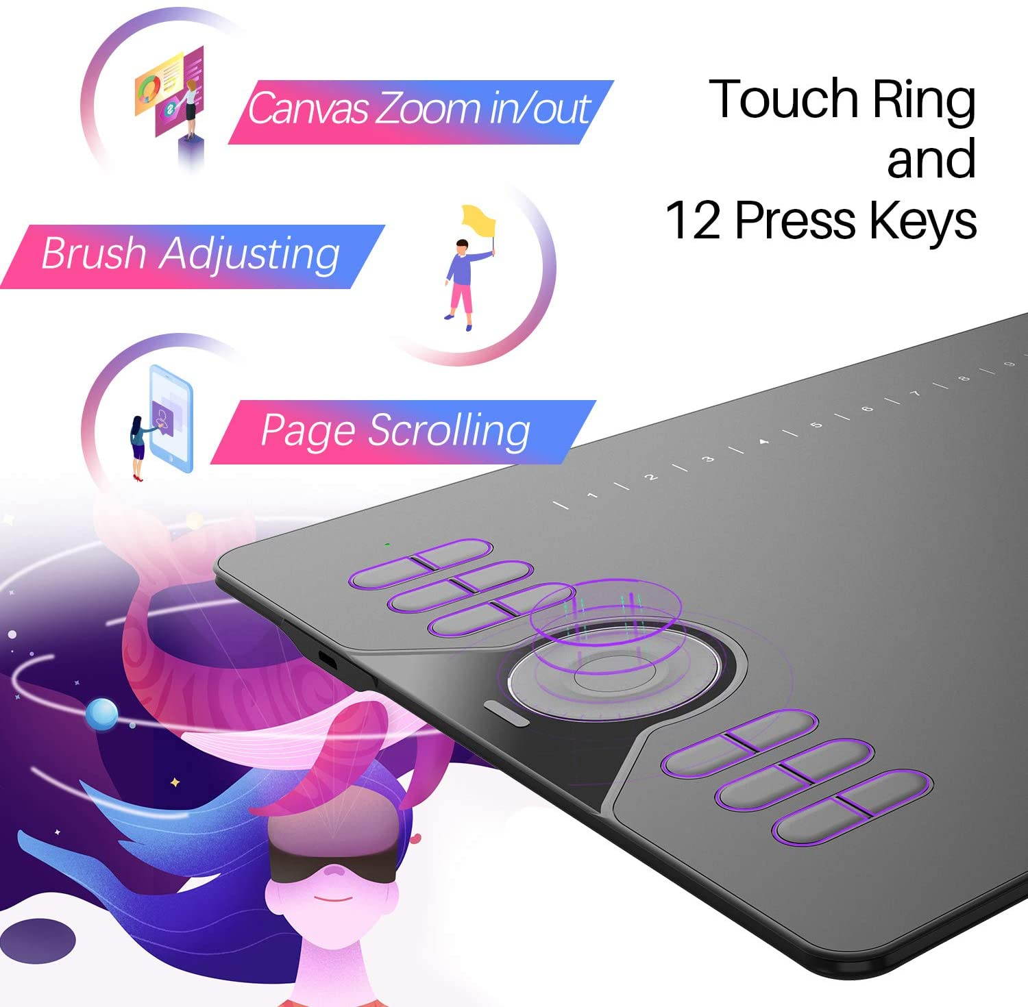 Huion HS610 Graphics Drawing Tablet Android Devices Supported Tilt Function Battery-Free Stylus with 8192 Pen Pressure