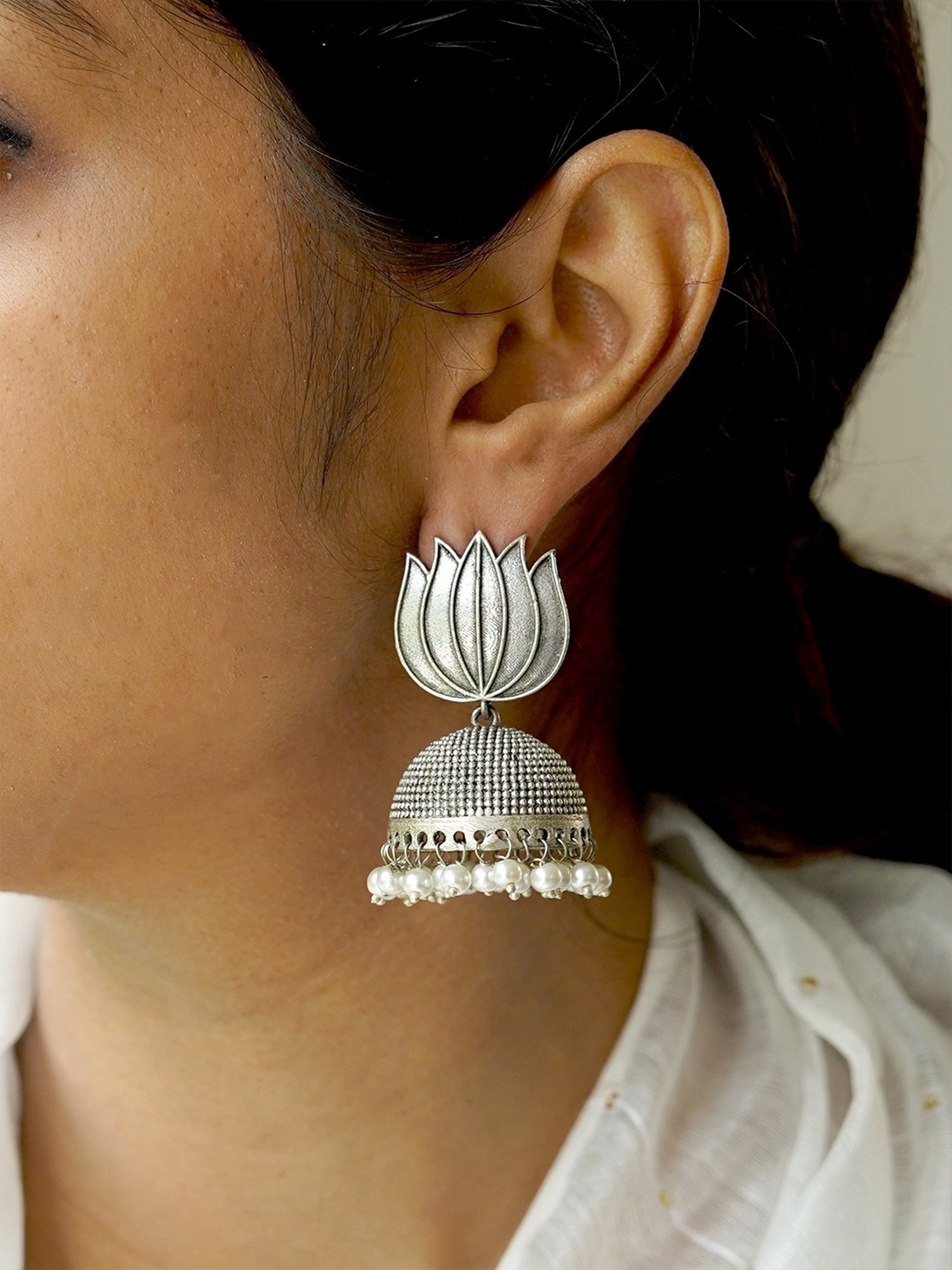 Teejh Ethnic Sadika Lotus Silver Oxidized Jhumki Earrings