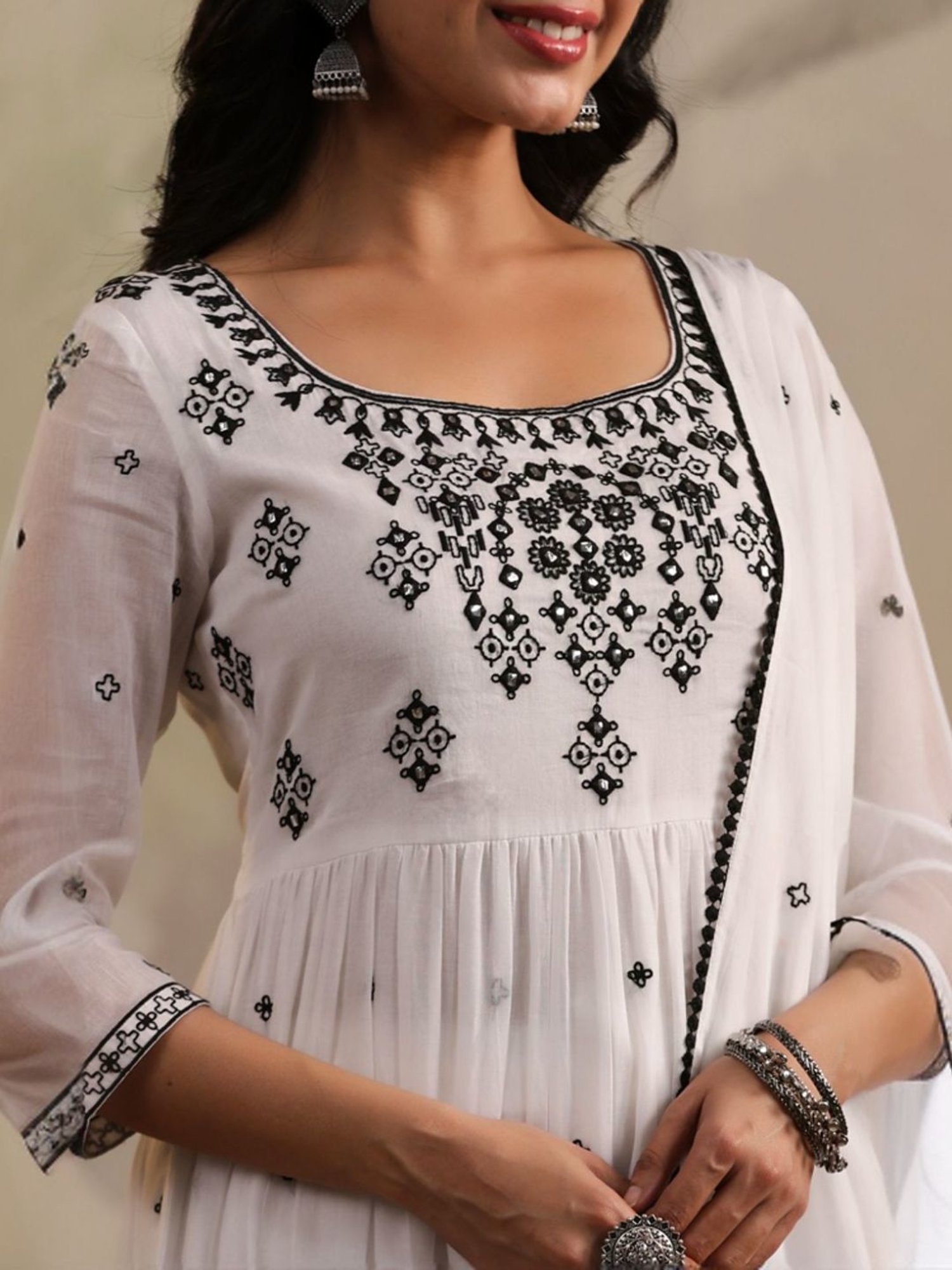 SCAKHI White Mulmul Embroidered Anarkali Kurta And Pant With Dupatta