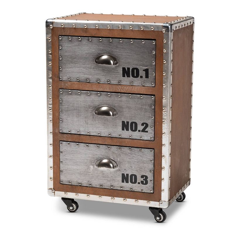 3 Drawer Avere Wood & Metal Rolling Nightstand Sliver - Baxton Studio
