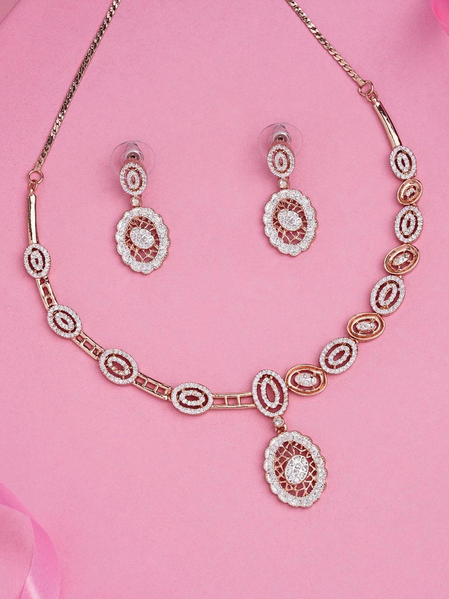 Estele Rose Gold-Plated CZ Attractive Elliptical Designer Necklace Set for Women