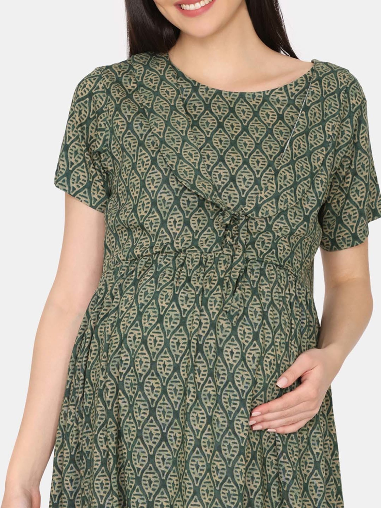 Coucou by Zivame Green Printed Maternity Night Dress