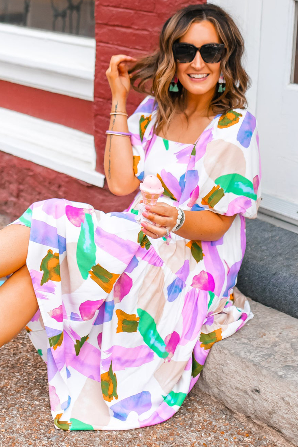 Multicolor Boho Floral Collared Long Sleeve Dress