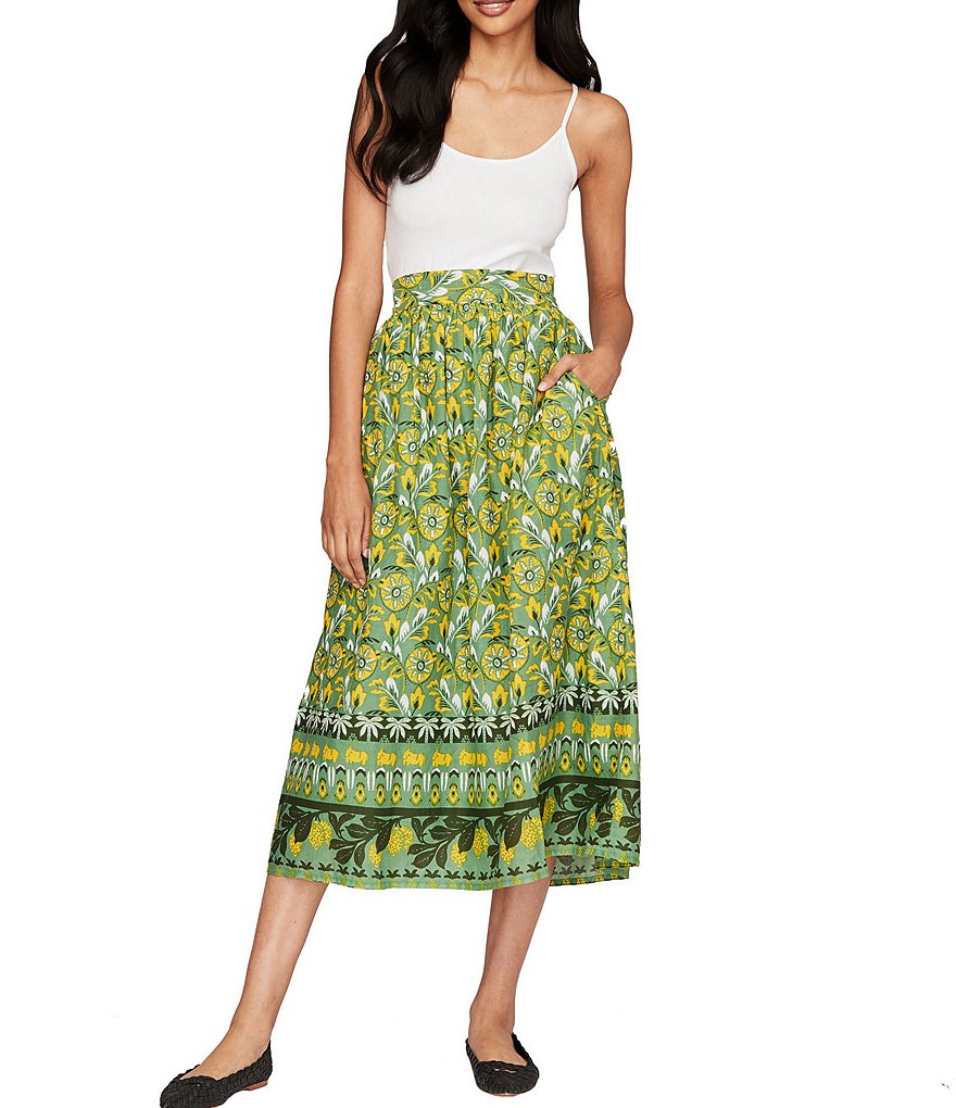 Roller Rabbit Printed A-Line Pocket Coordinating Cotton Voile Midi Skirt