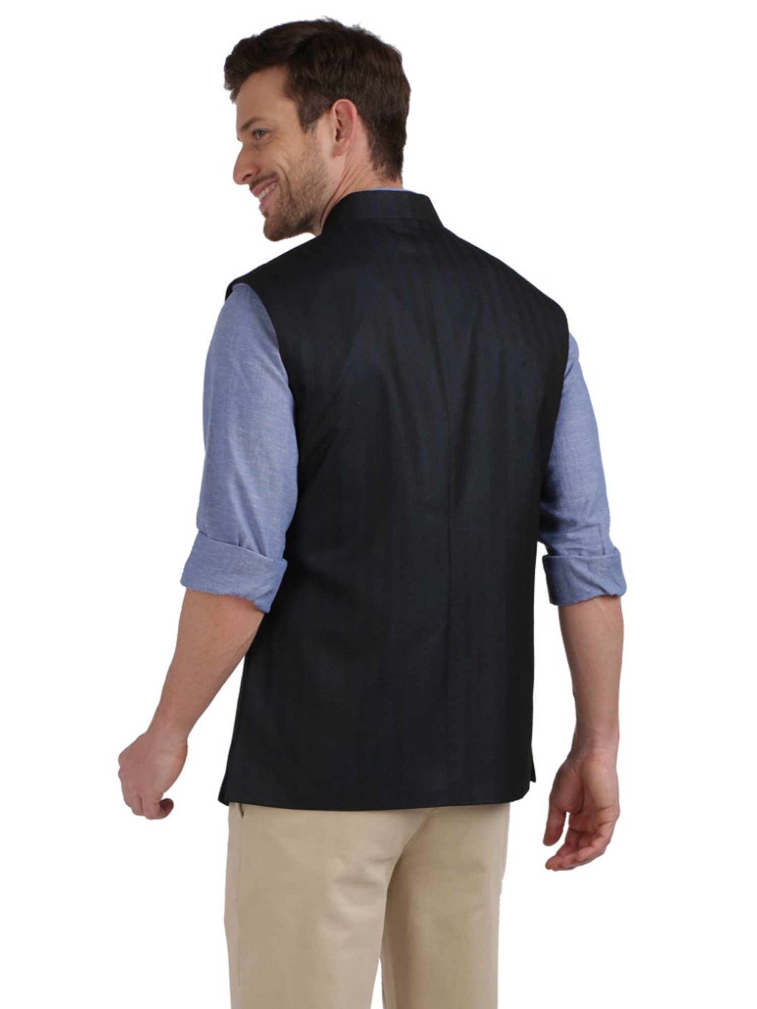 Colorplus Blue Tailored Fit Checks Nehru Jacket