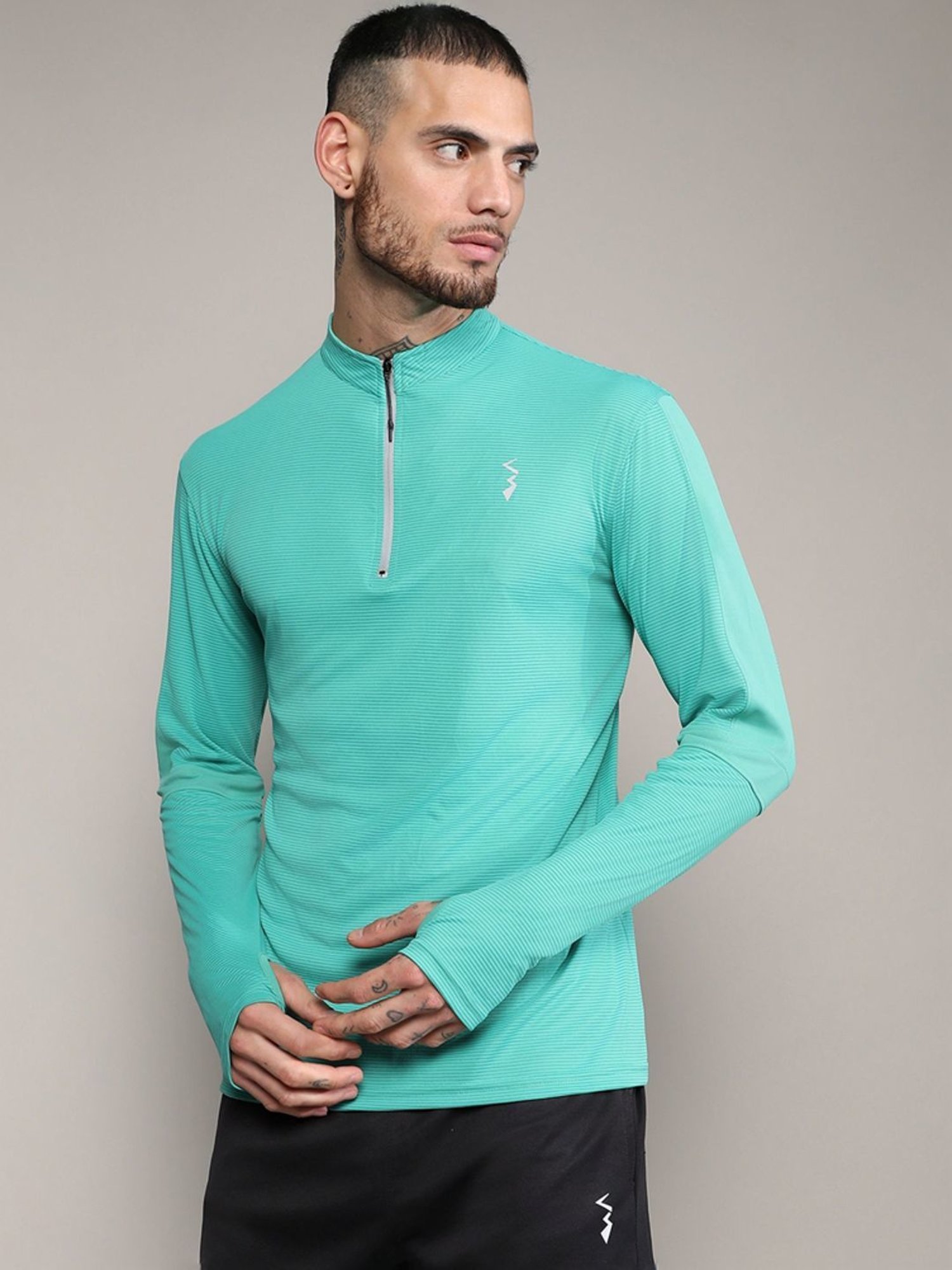 Campus Sutra Green Regular Fit Striped Henley T-Shirt
