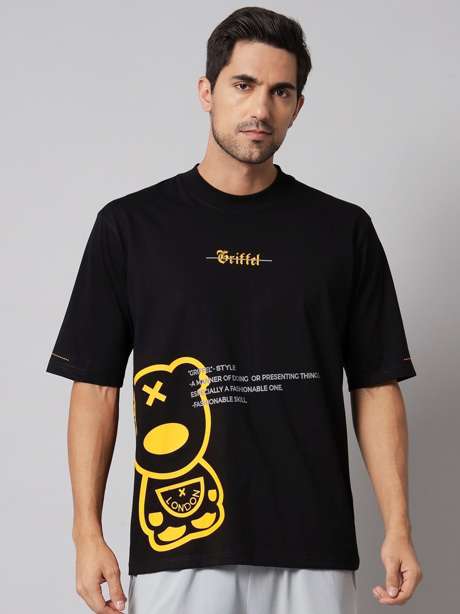 Griffel Black Cotton Loose Fit Printed T-Shirt