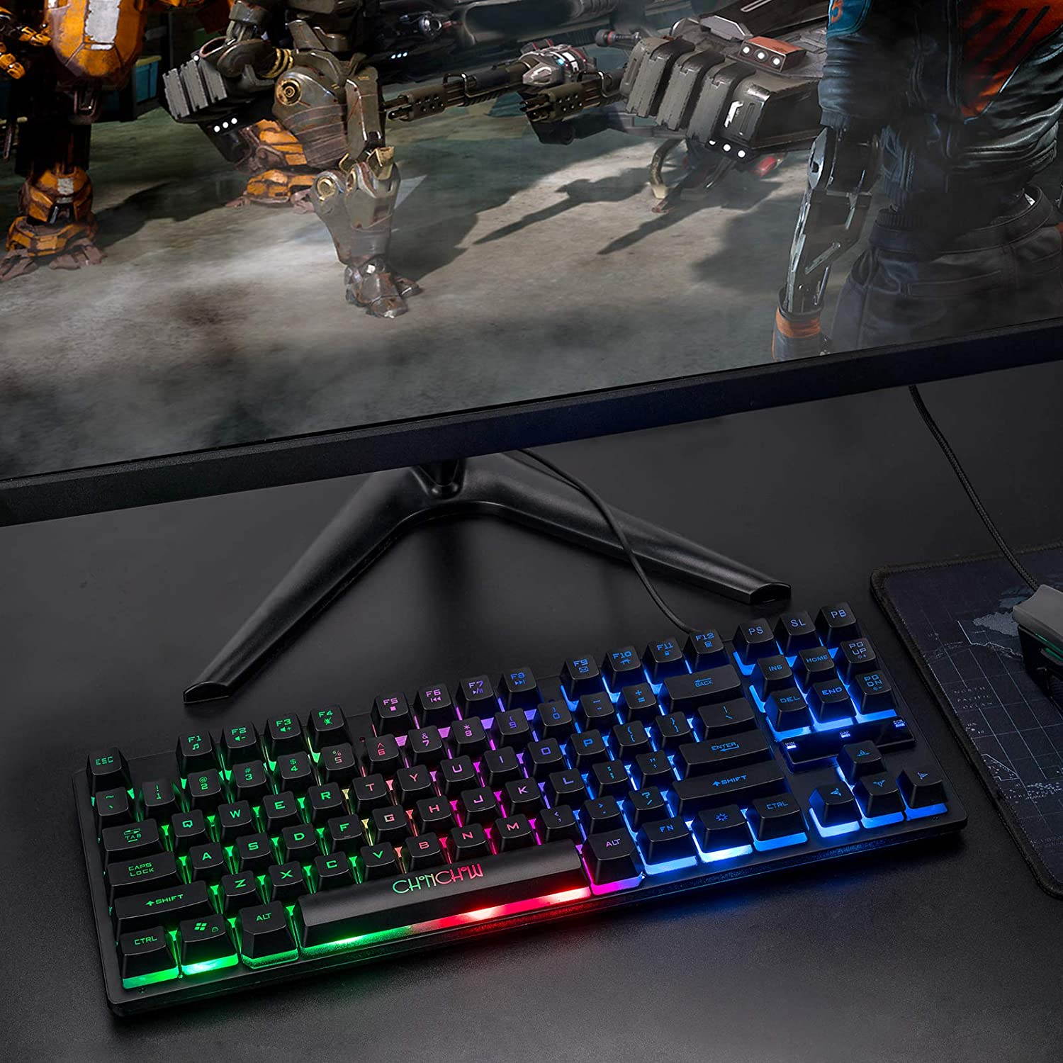 High Performance 87 Keys Compact Gaming Keyboard, USB Wired LED Rainbow Backlit Tenkeyless Gaming Keyboard for Laptop Ps4 PC Computer Game and Work