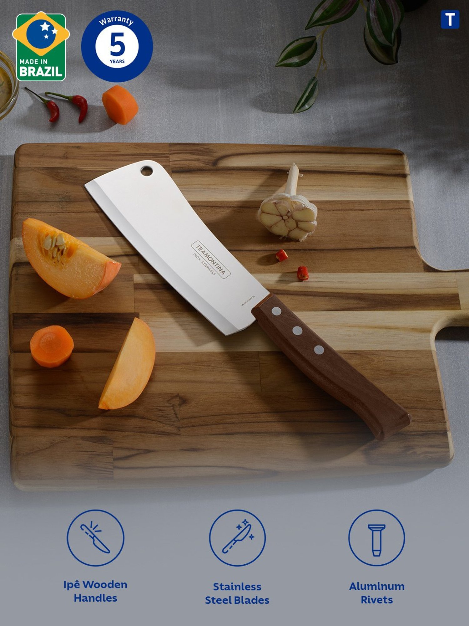 Tramontina Tradicional Stainless Steel Cleaver Knife 5.9" Plain Brazilian Wood Handle Kitchen Knife