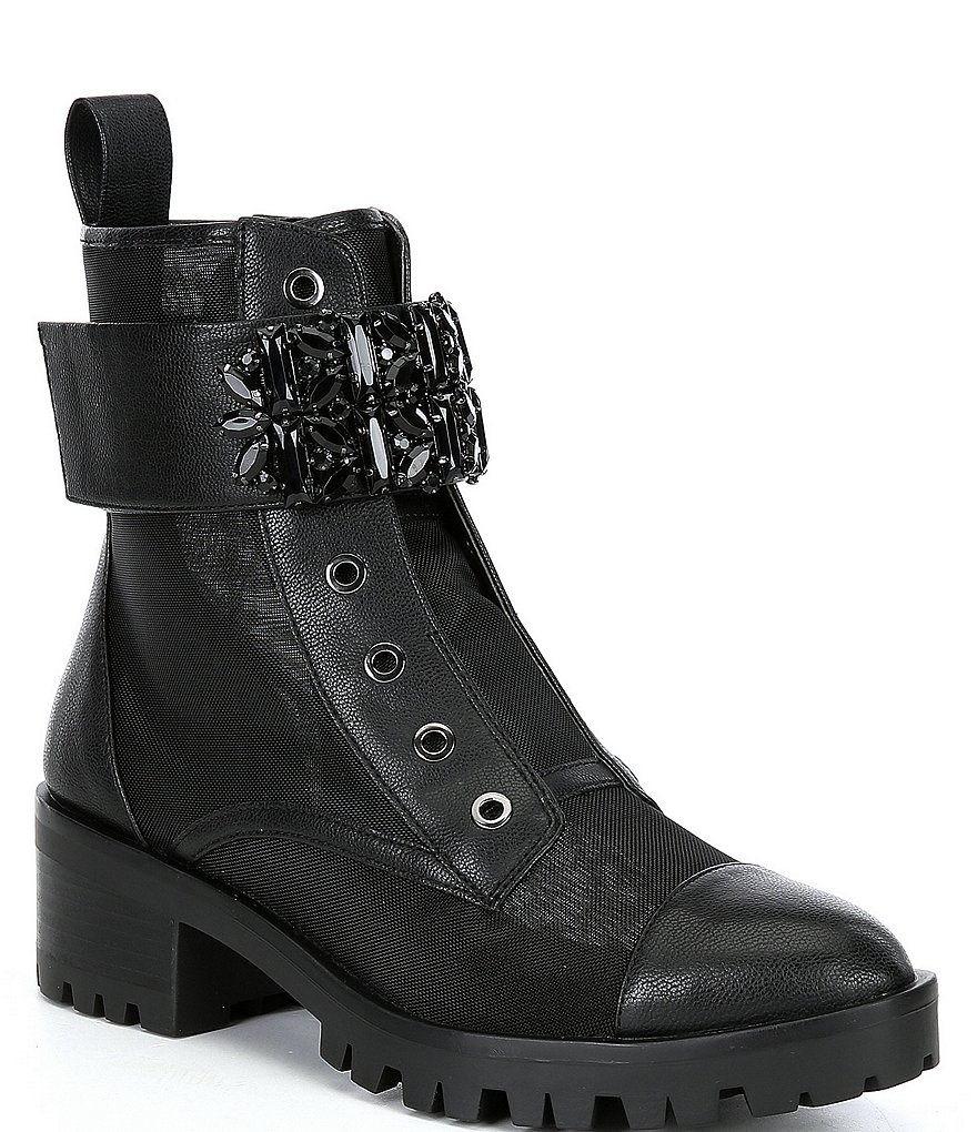 KARL LAGERFELD PARIS Pippa Mesh Bling Strap Lug Sole Combat Booties