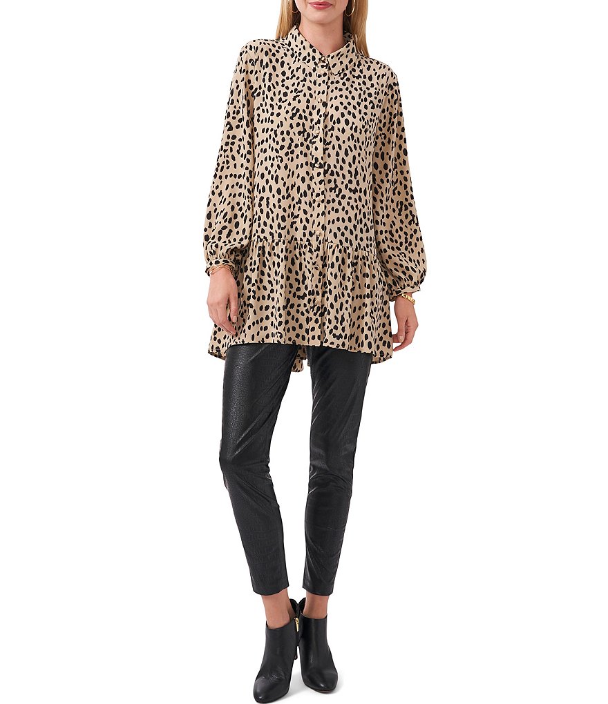 Vince Camuto Petite Size Animal Reset Long Sleeve Point Collar Neck Button Down Hi-Low Ruffle Hem Tunic
