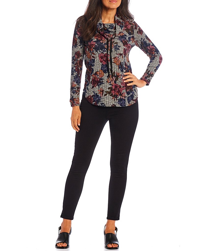 I.N. Studio Petite Size Floral Print Drawstring Cowl Neck Long Sleeve Top