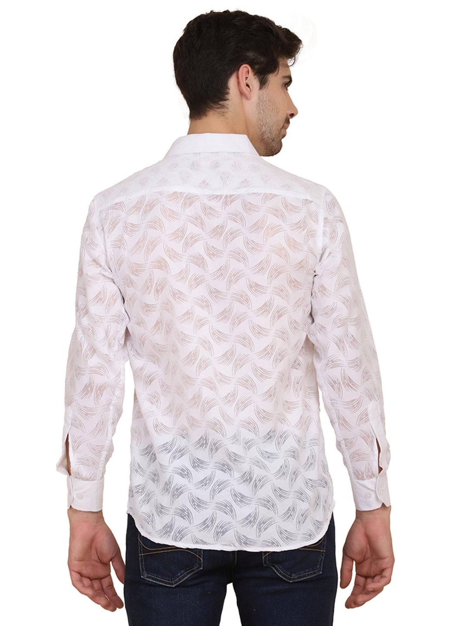 TAHVO White & Grey Cotton Slim Fit Printed Shirt