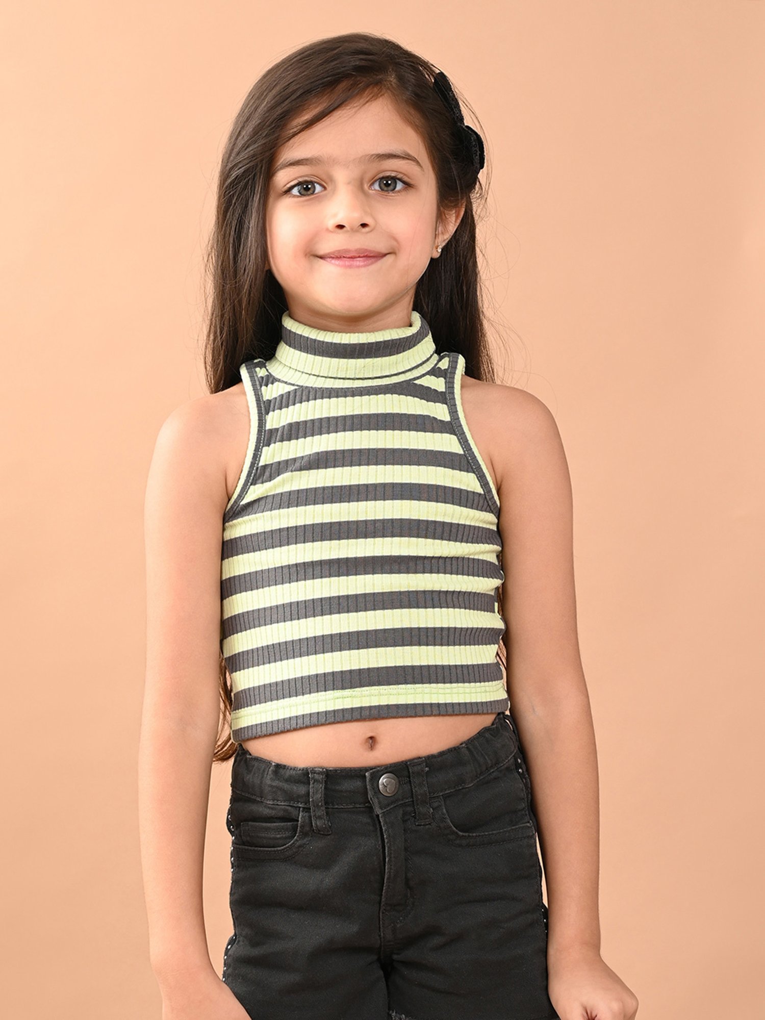 LilPicks Kids Light Green & Grey Striped Crop Top