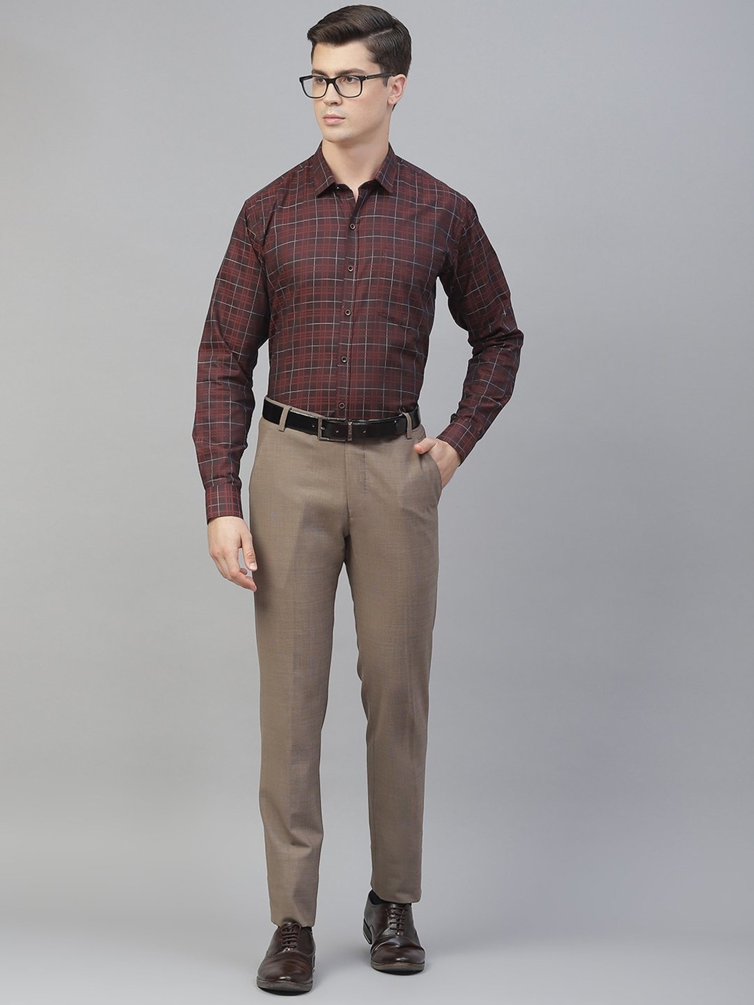 ManQ Dark Maroon Cotton Regular Fit Checks Shirt