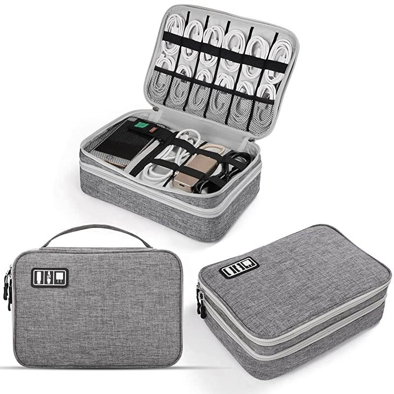 Electronics Travel Organizer,  Electronics Cable Organizer Bag Double Layer Travel Cable Storage Bag for Cables, Laptop Charger, Tablet (Up to 11'') and More-Thick Large(Grey)
