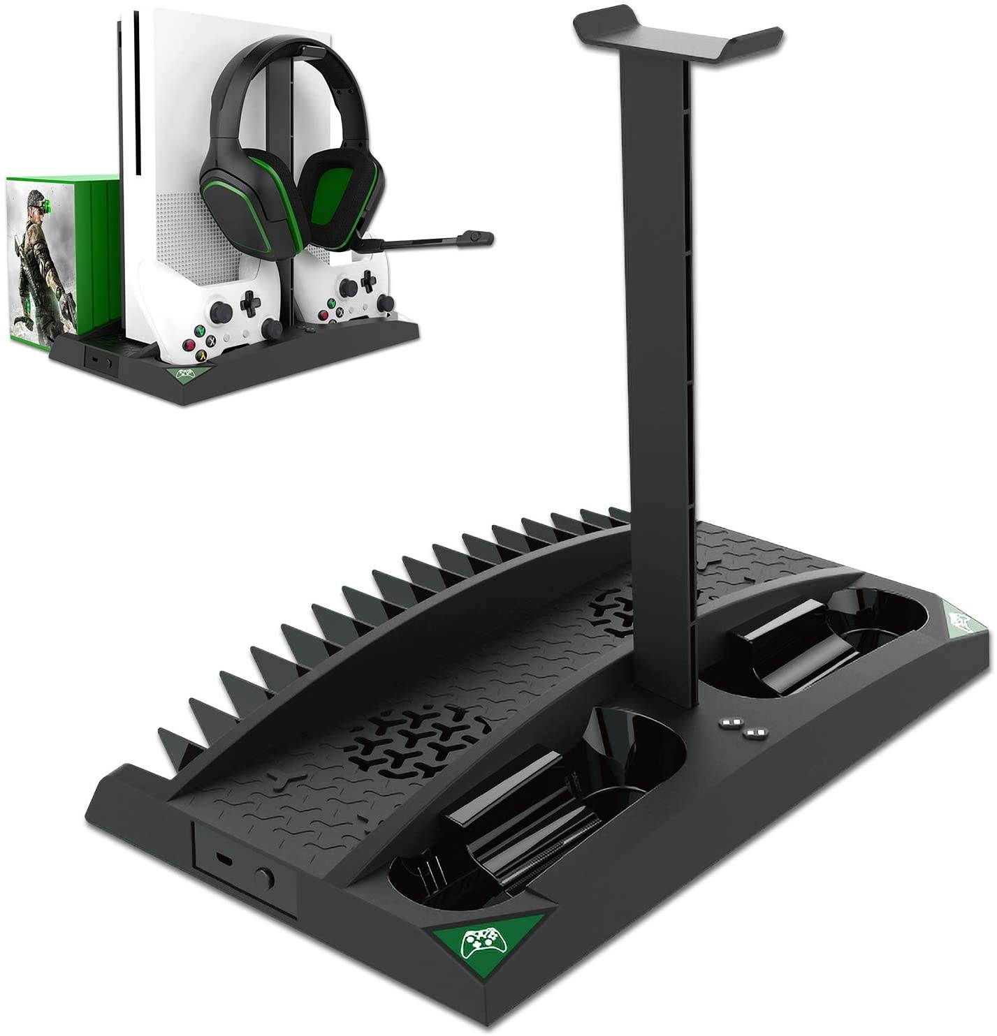 Linkstyle Vertical Cooling Stand Compatible with Xbox ONE X/ONE S/Regular ONE, with 2 Controller Charger Station, 17 Games Storage Slot, 1 Headset Storage Holder