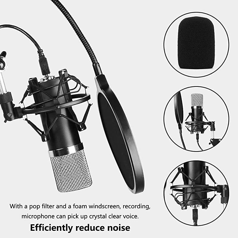 USB Streaming Podcast PC Microphone Professional Studio Cardioid Condenser Mic Kit with Sound Card Boom Arm Shock Mount Pop Filter for Skype Youtuber Gaming Recording