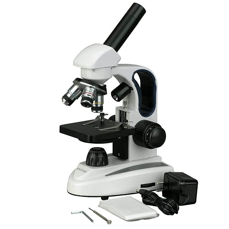 M158B-2L Cordless Compound Monocular Microscope, WF10x and WF20x Eyepieces, 40x-800x Magnification, Upper and Lower LED Illumination with Rheostat, Brightfield, Single-Lens Condenser, Coaxial Coarse